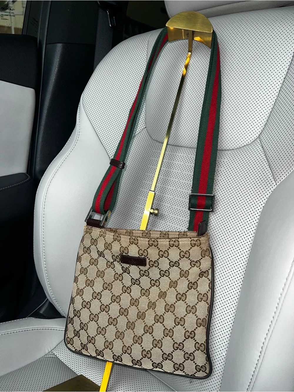 Gucci Beige GG Supreme Crossbody with Green-Red Web Strap